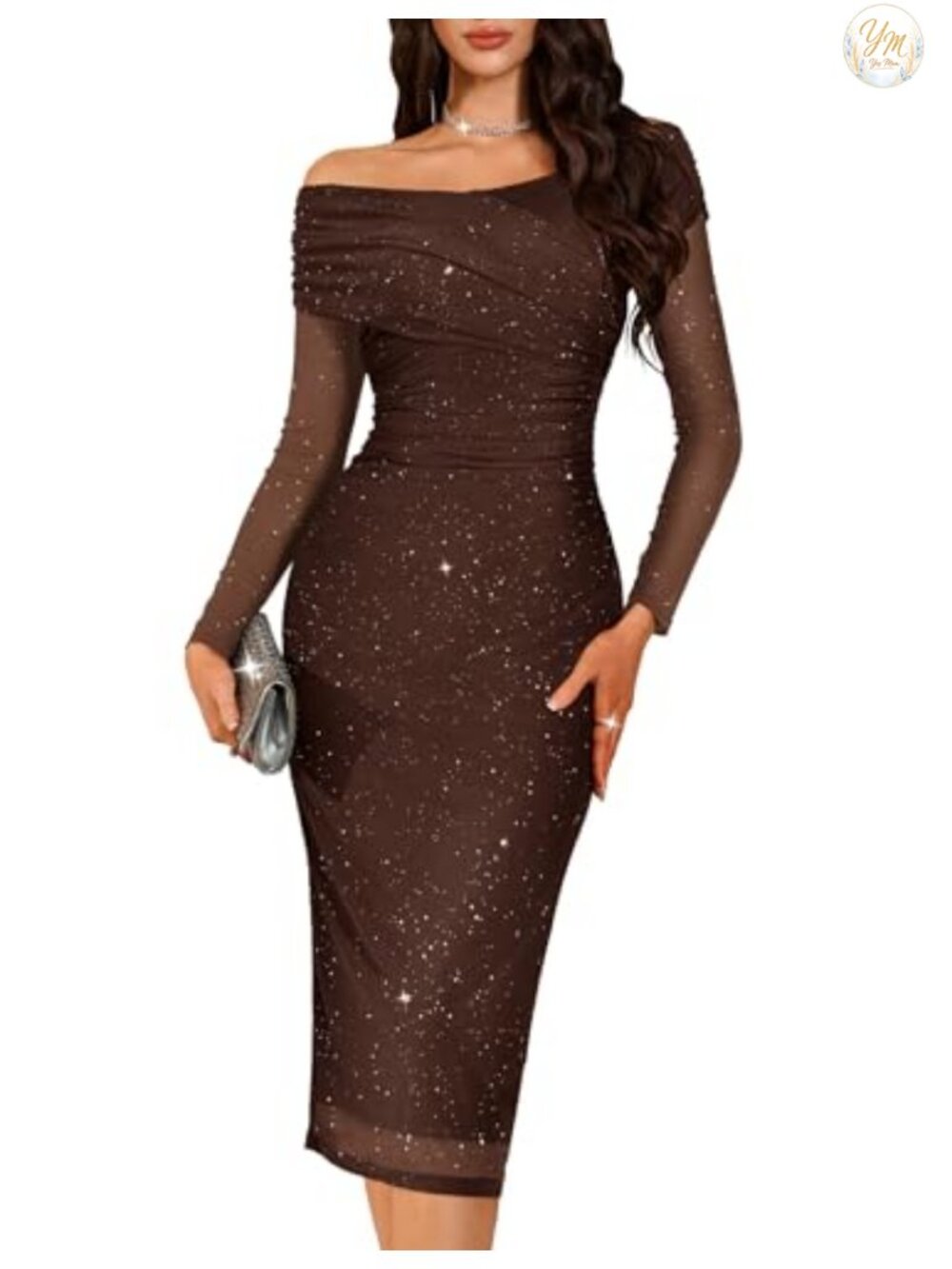 Sparkly Off Shoulder Sequin Bodycon Midi Dress Long Sleeve Formal Wedding Guest